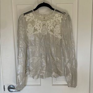 Veronica Beard Silver and White Lace Blouse
